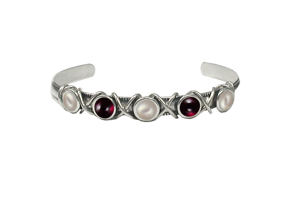 Sterling Silver Cuff Bracelet With Cultured Freshwater Pearl And Garnet